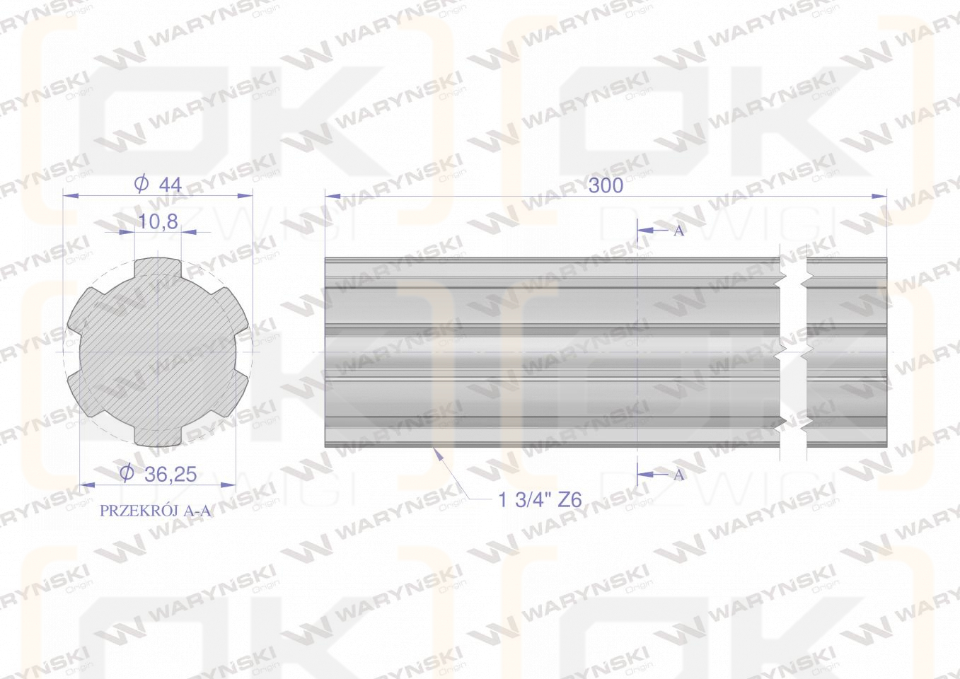 Wałek, WOM frezowany całościowo 300mm Z6 - 1 3/4, Waryński