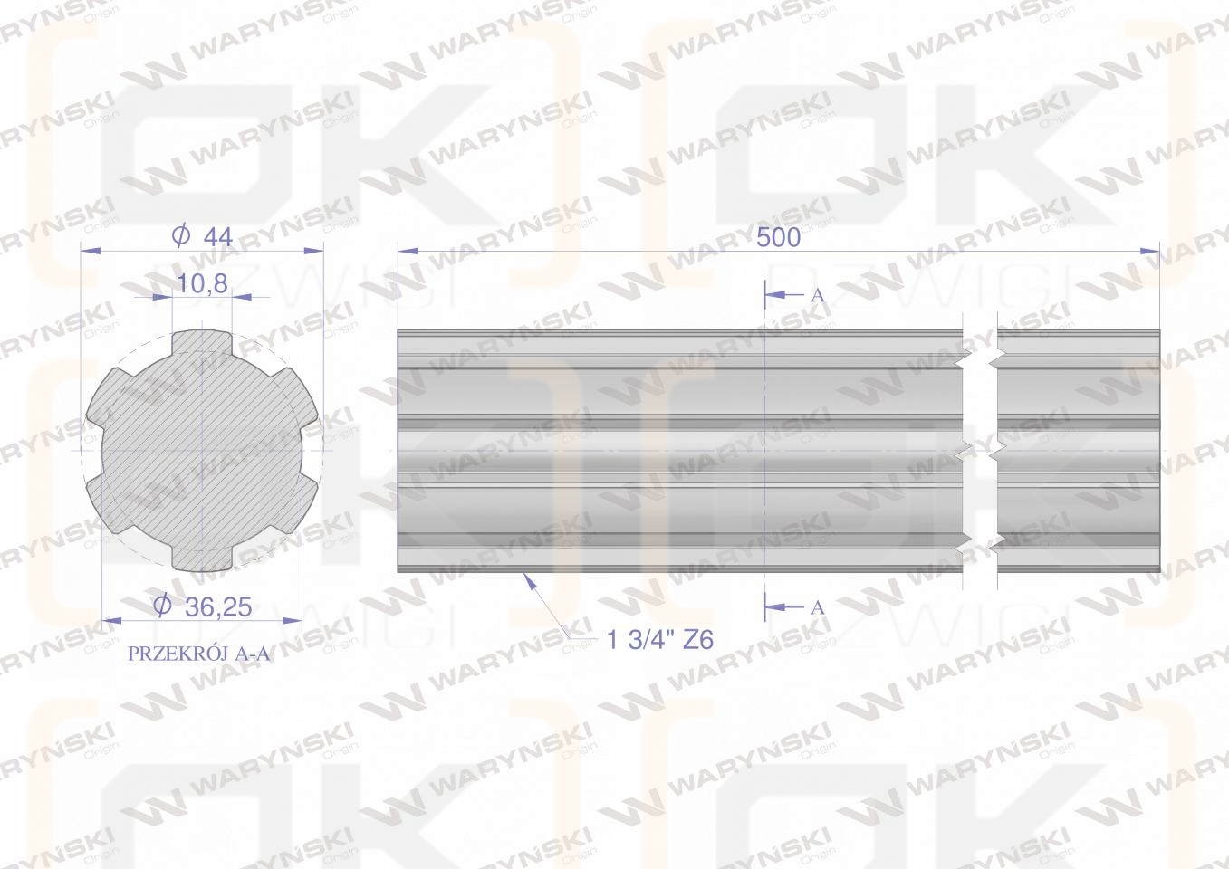 Wałek, WOM frezowany całościowo 500mm Z6 - 1 3/4, Waryński