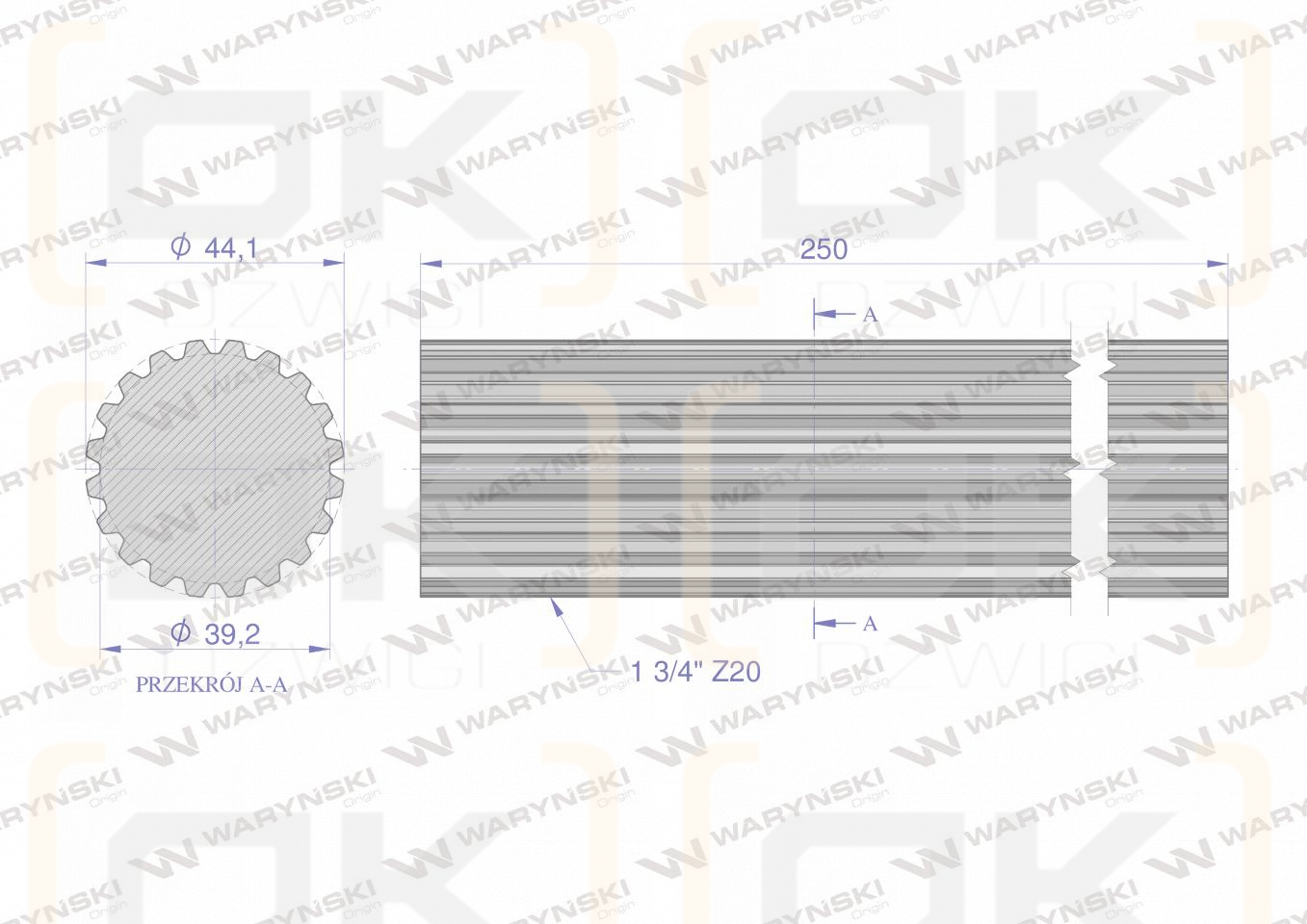 Wałek, WOM frezowany całościowo 250mm Z20 - 1 3/4, Waryński