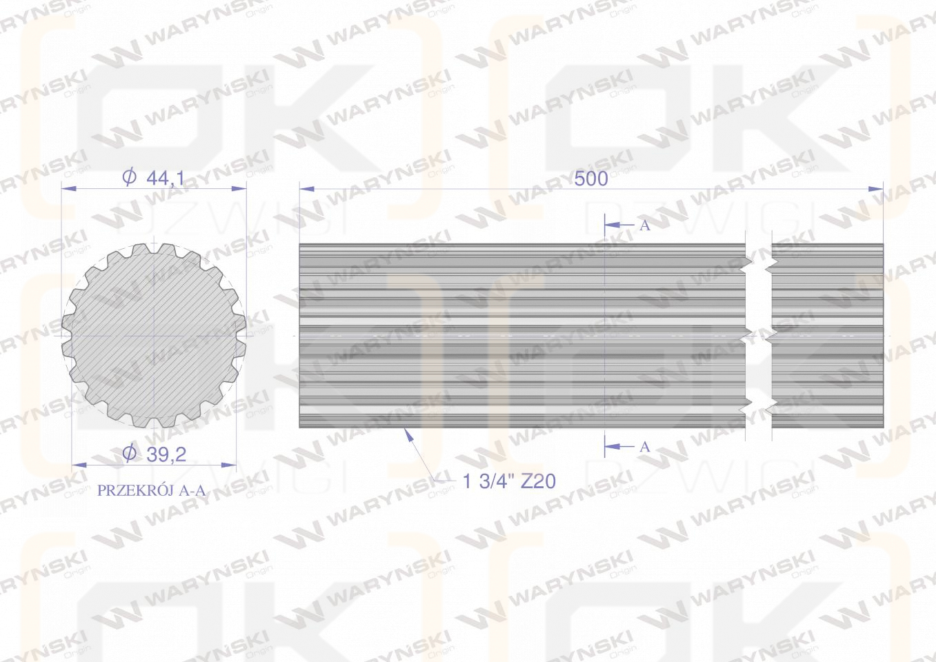 Wałek, WOM frezowany całościowo 500mm Z20 - 1 3/4, Waryński