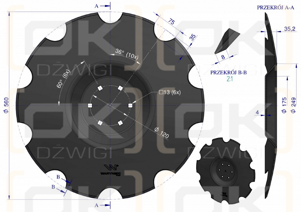 Talerz uzębiony Z-10 fi 560 mocowanie 6/120 grubość 4 mm przetłoczony stal borowa WARYŃSKI R