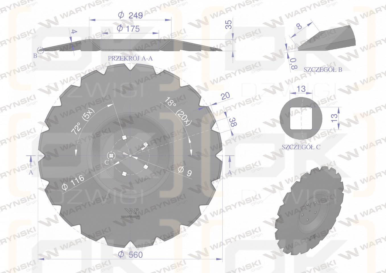 Talerz uzębiony Z-20 fi 560 mocowanie 5/116 przetłoczony grubość 4 mm stal borowa WARYŃSKI R zastosowanie AU/383-560/5