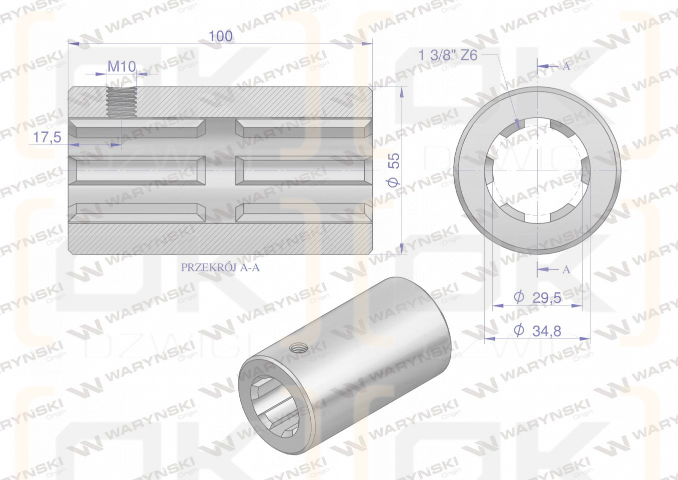 Tuleja, WOM łącząca frezowana 100mm Z6 - 1 3/8, Waryński