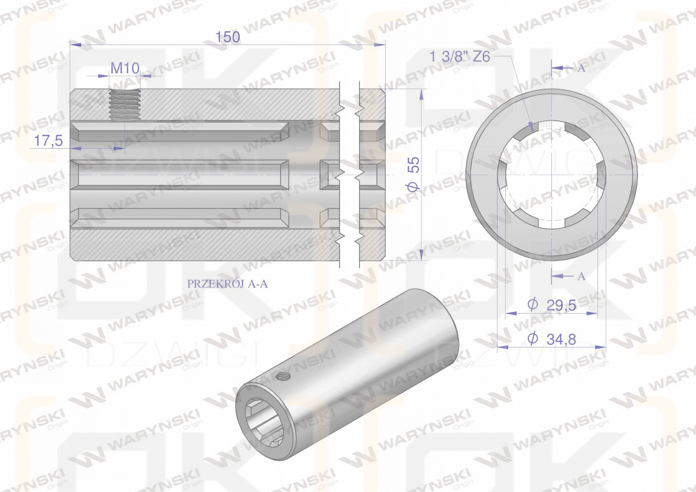 Tuleja, WOM łącząca frezowana 150mm Z6 - 1 3/8, Waryński