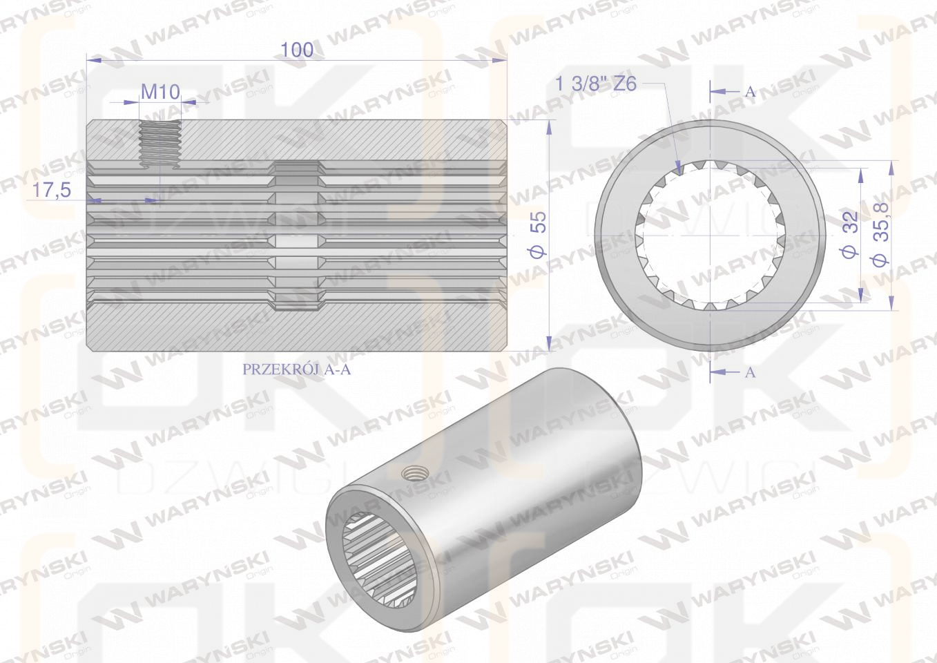 Tuleja, WOM łącząca frezowana 100mm Z21 - 1 3/8, Waryński