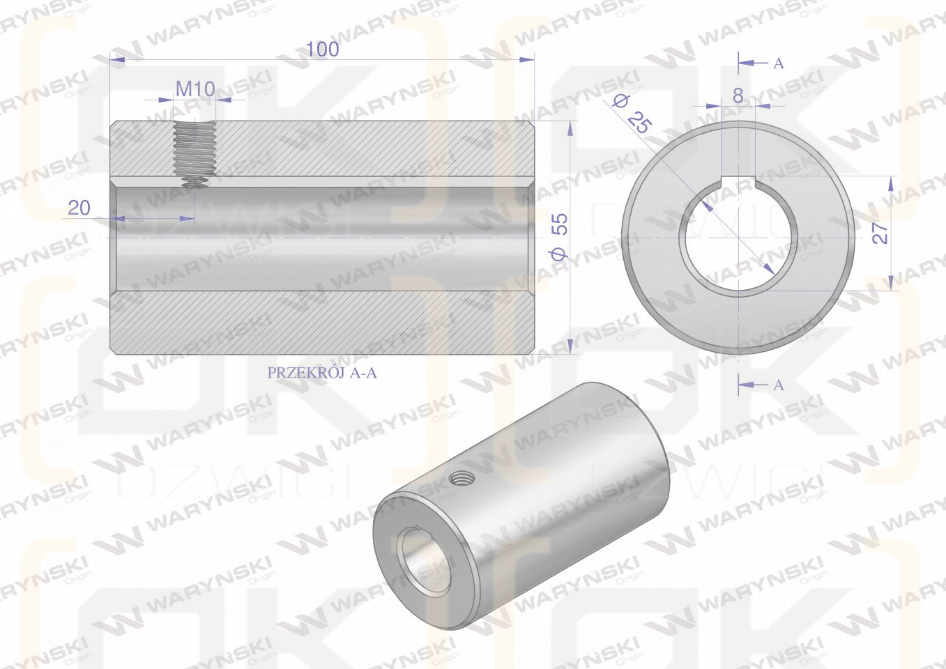 Tuleja, łącząca otwór fi 25mm z rowkiem na wpust 8mm 100mm, Waryński