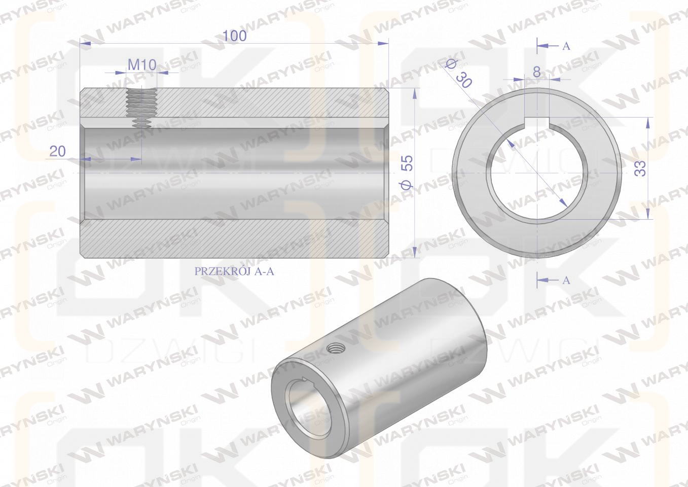 Tuleja, łącząca otwór fi 30mm z rowkiem na wpust 8mm 100mm, Waryński