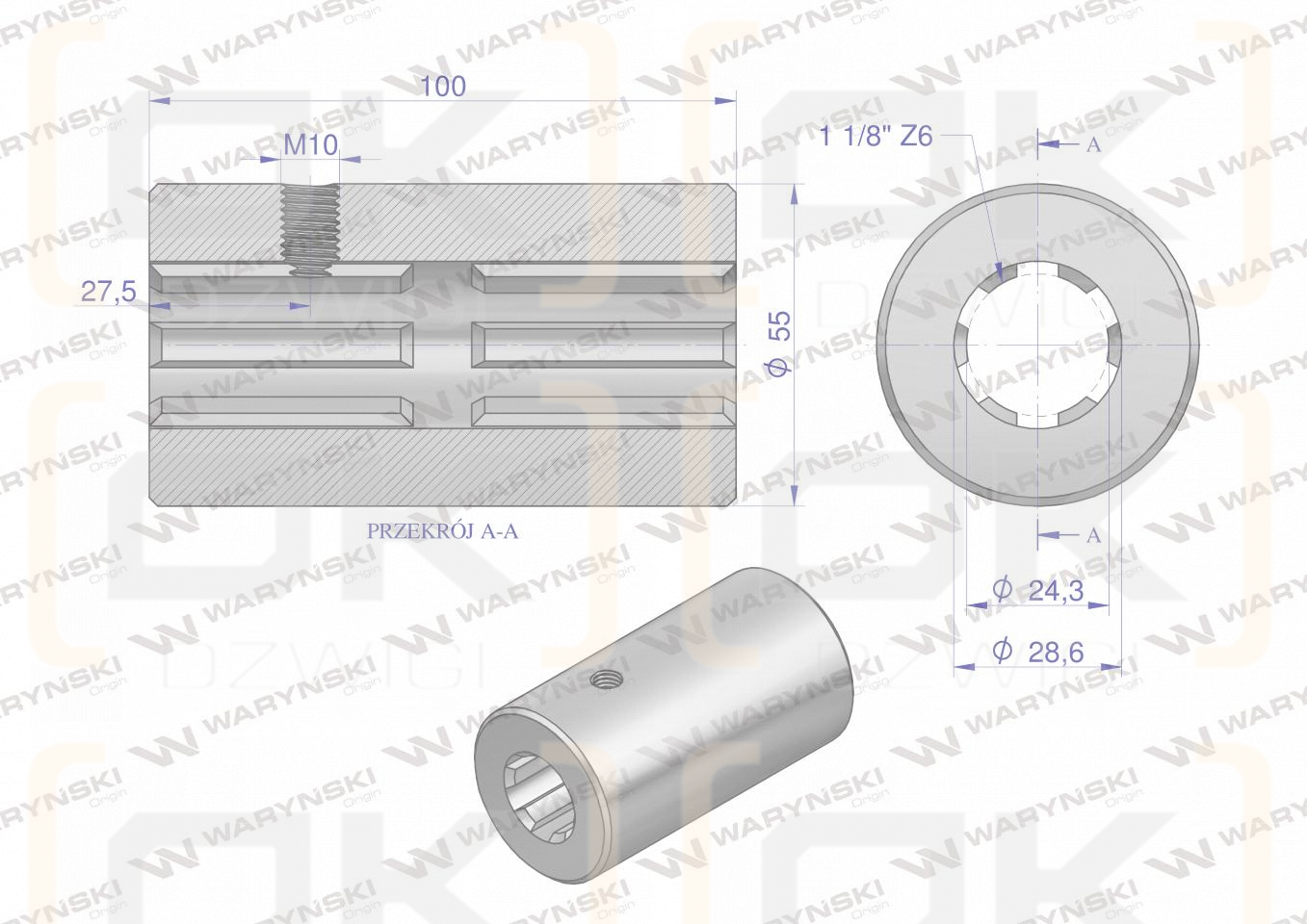 Tuleja, WOM łącząca frezowana 100mm Z6 - 1 1/8, Waryński