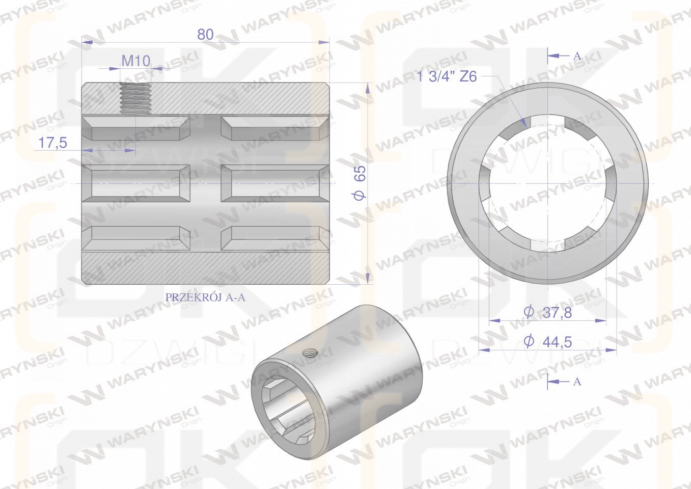Bushing, PTO connecting milled 80mm Z6 - 1 3/4, Waryński