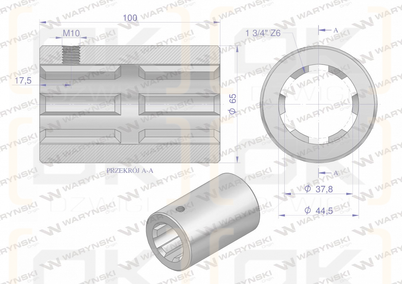Tuleja, WOM łącząca frezowana 100mm Z6 - 1 3/4, Waryński