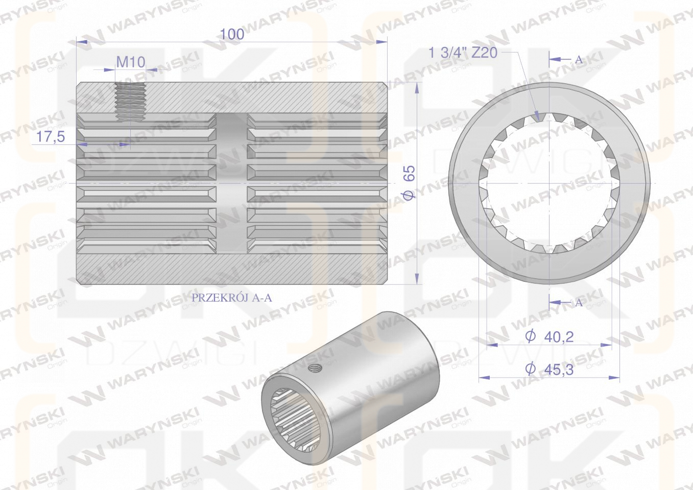 Tuleja, WOM łącząca frezowana 100mm Z20 - 1 3/4, Waryński