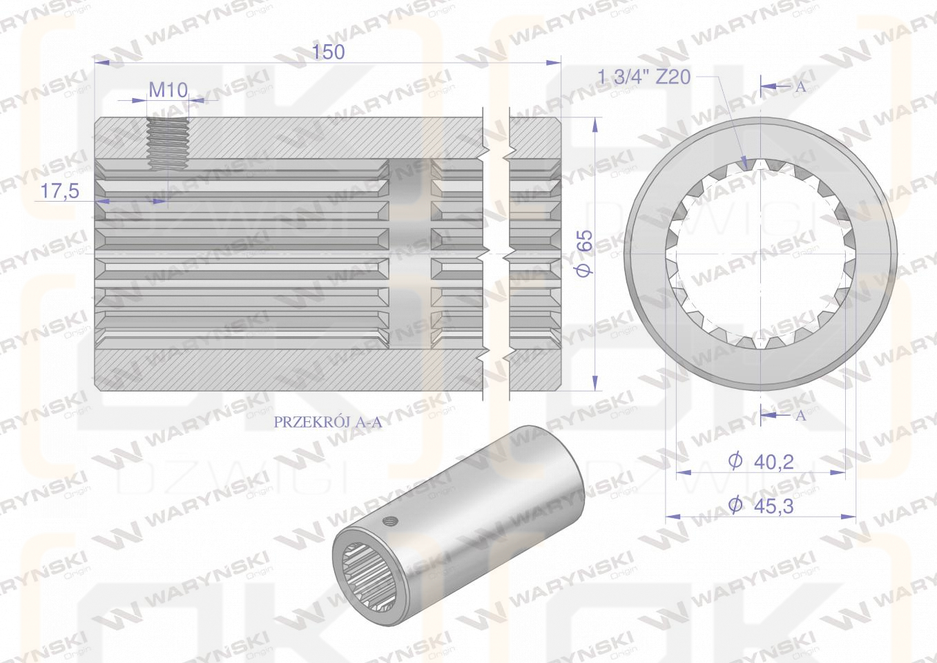 Tuleja, WOM łącząca frezowana 150mm Z20 - 1 3/4, Waryński