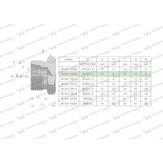 Korek hydrauliczny metryczny (na klucz) M14x1.5 08L Waryński ( sprzedawane po 10 )