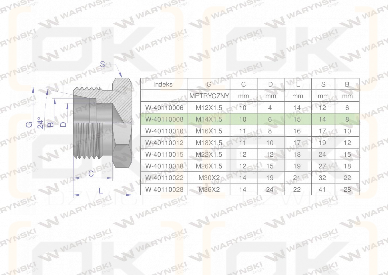 Korek hydrauliczny metryczny (na klucz) M14x1.5 08L Waryński ( sprzedawane po 10 )