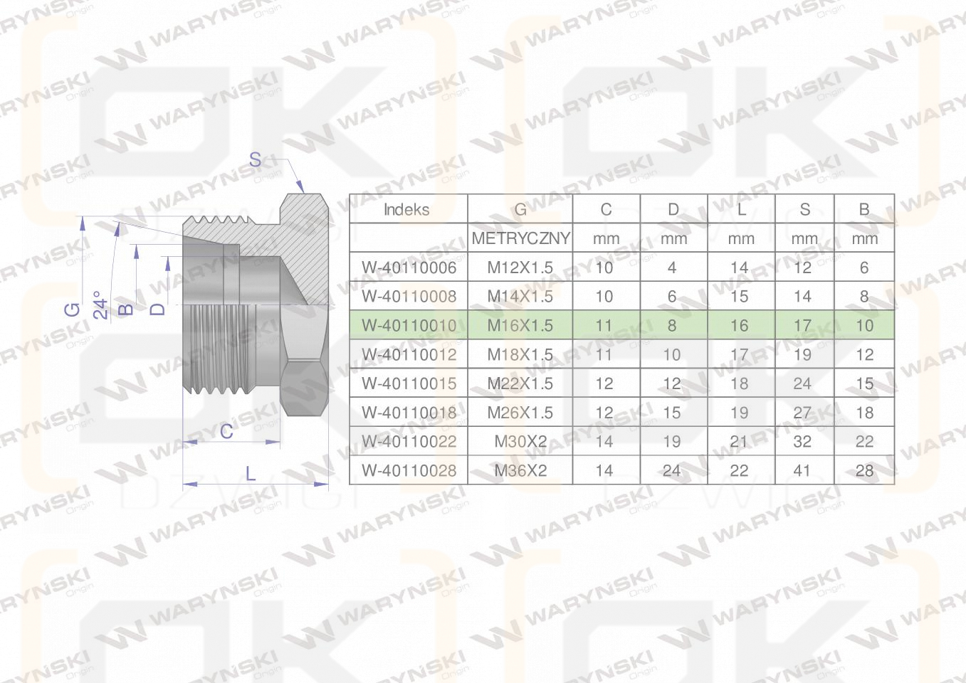 Korek hydrauliczny metryczny (na klucz) M16x1.5 10L Waryński ( sprzedawane po 10 )