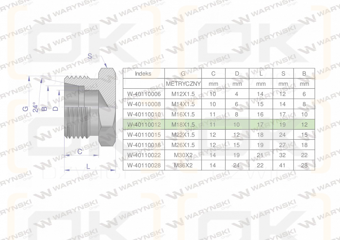 Korek hydrauliczny metryczny (na klucz) M18x1.5 12L Waryński ( sprzedawane po 10 )