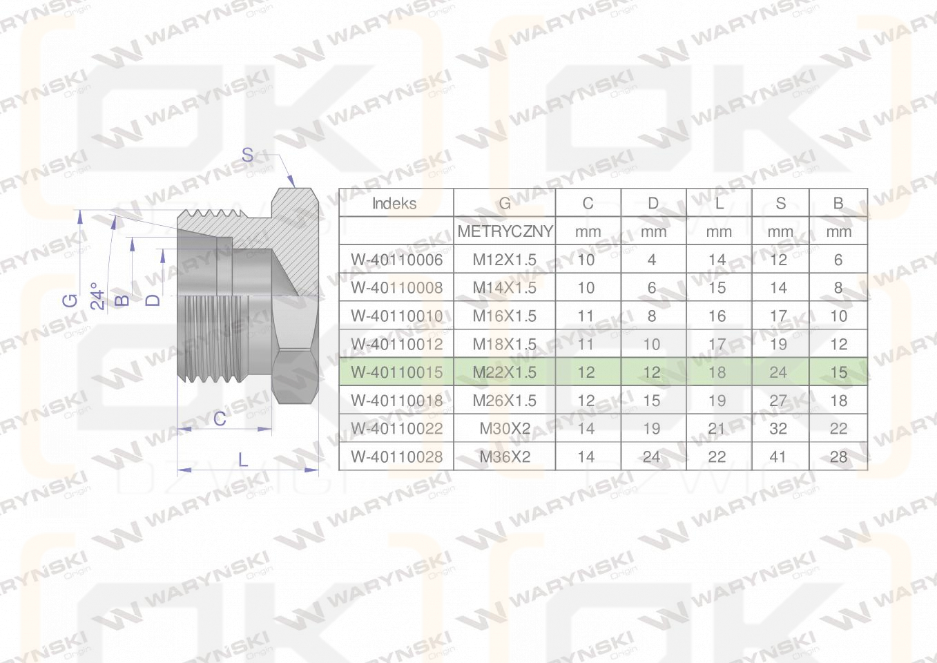 Korek hydrauliczny metryczny (na klucz) M22x1.5 15L Waryński ( sprzedawane po 10 )
