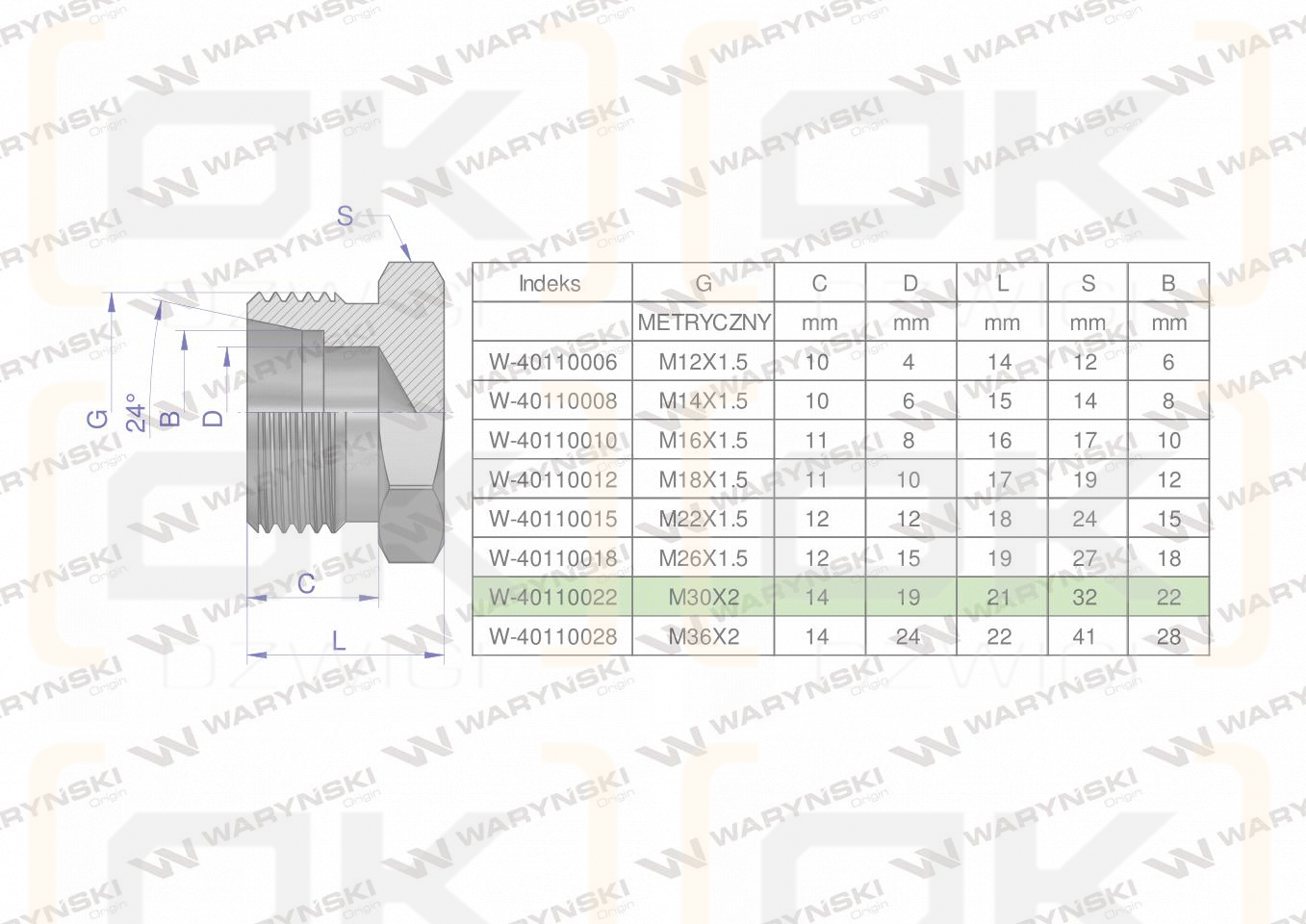 Korek hydrauliczny metryczny (na klucz) M30x2 22L Waryński ( sprzedawane po 2 )