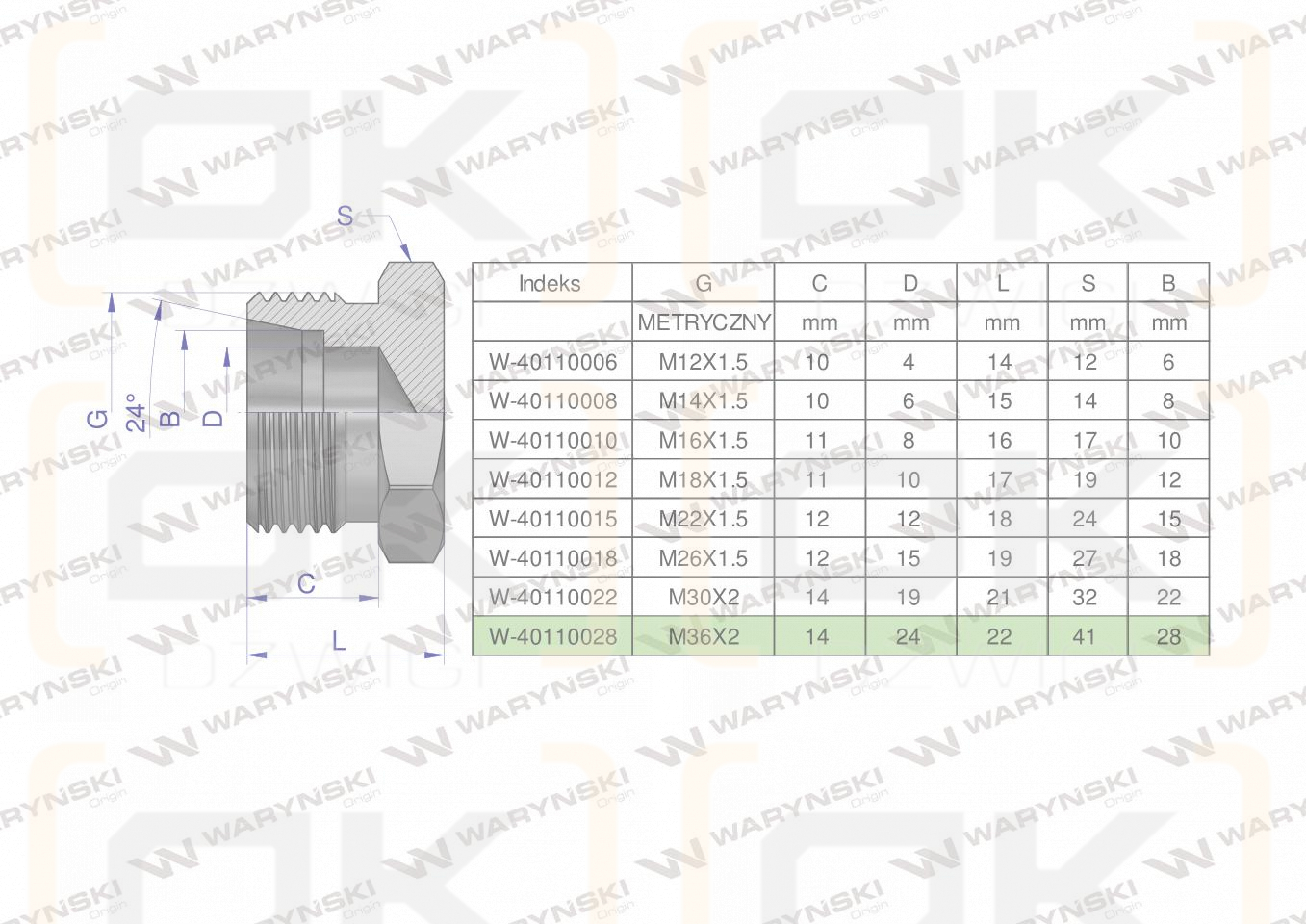 Korek hydrauliczny metryczny (na klucz) M36x2 28L Waryński ( sprzedawane po 2 )