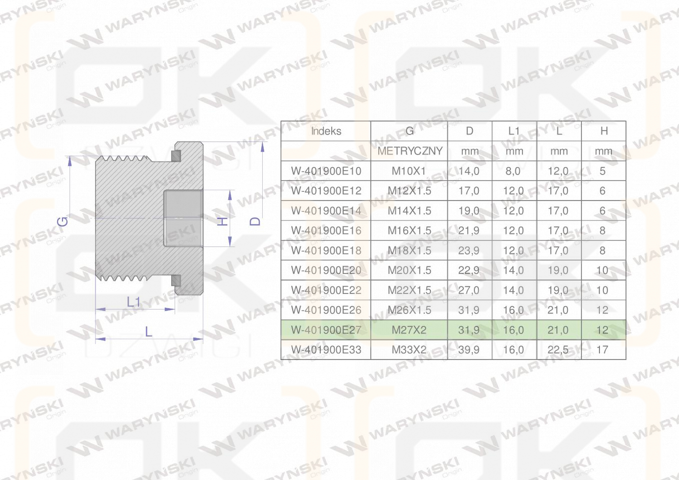 Korek hydrauliczny metryczny (na imbus) M27x2 ED Waryński ( sprzedawane po 2 )