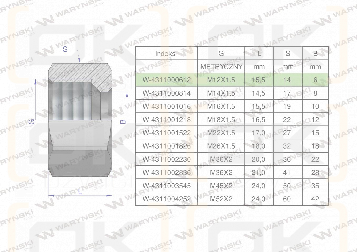 Nakrętka hydrauliczna metryczna (M06L) M12x1.5 06L Waryński ( sprzedawane po 20 )