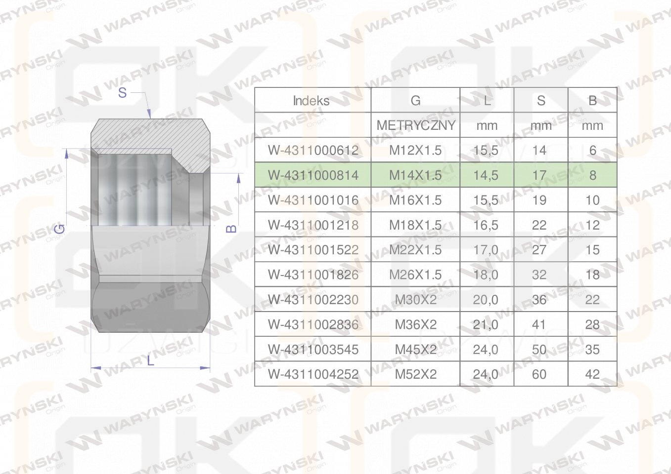 Nakrętka hydrauliczna metryczna (M08L) M14x1.5 08L Waryński ( sprzedawane po 20 )