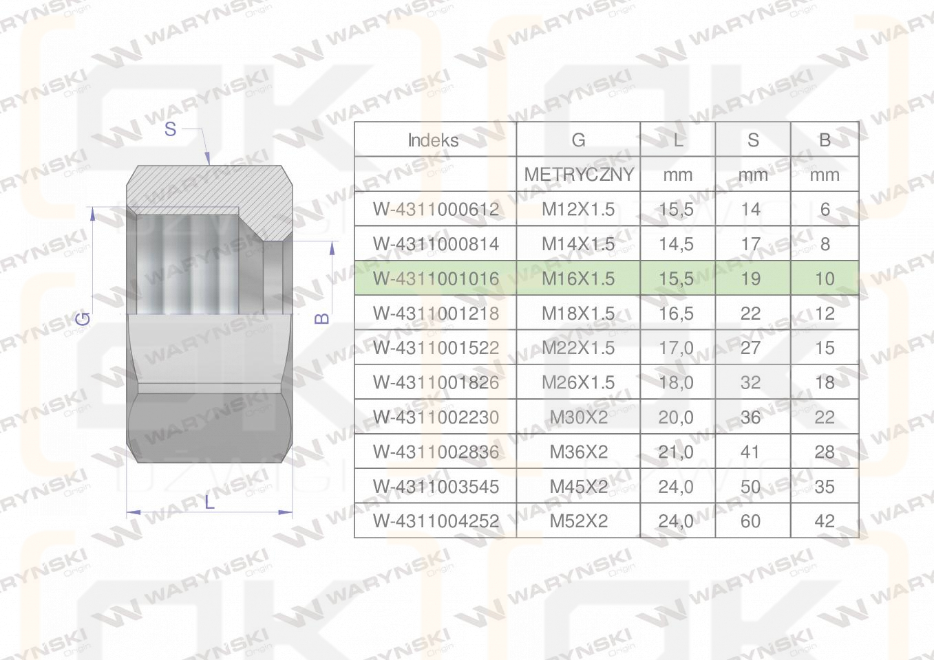 Nakrętka hydrauliczna metryczna (M10L) M16x1.5 10L Waryński ( sprzedawane po 20 )