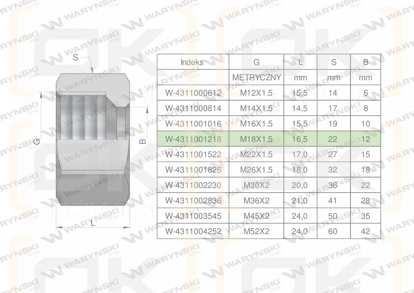 Nakrętka hydrauliczna metryczna (M12L) M18x1.5 12L Waryński ( sprzedawane po 20 )