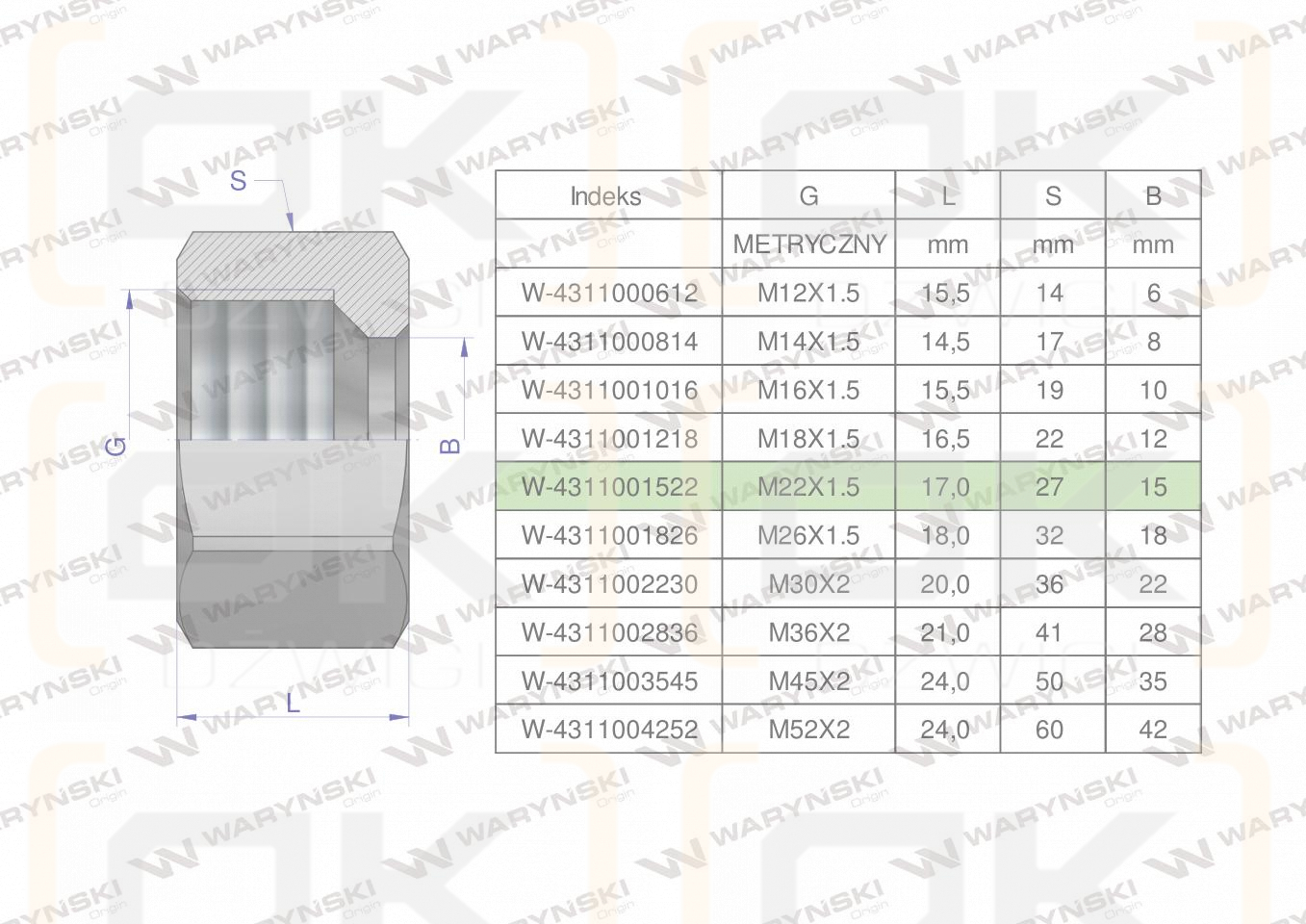 Nakrętka hydrauliczna metryczna (M15L) M22x1.5 15L Waryński ( sprzedawane po 20 )