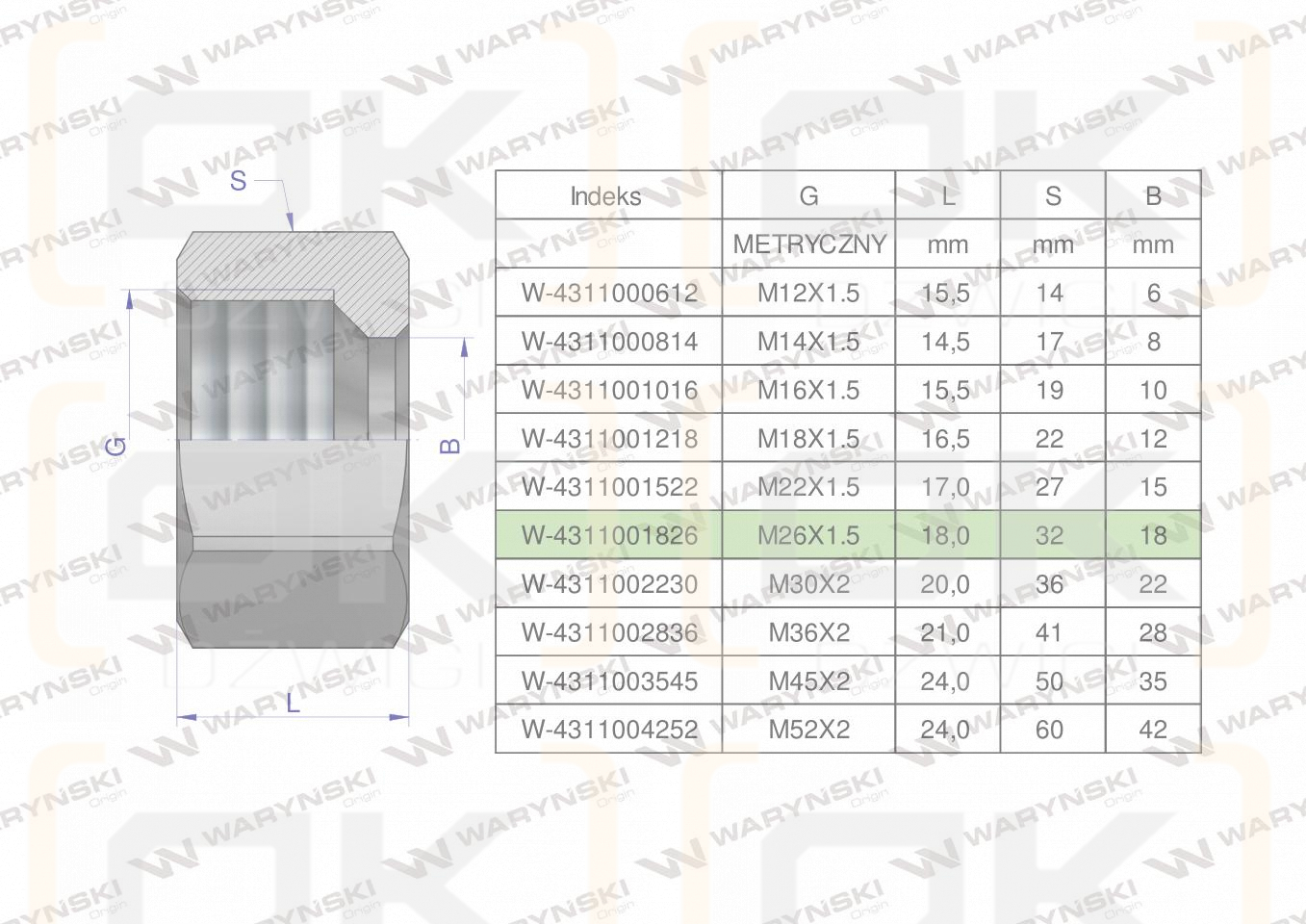 Nakrętka hydrauliczna metryczna (M18L) M26x1.5 18L Waryński ( sprzedawane po 10 )