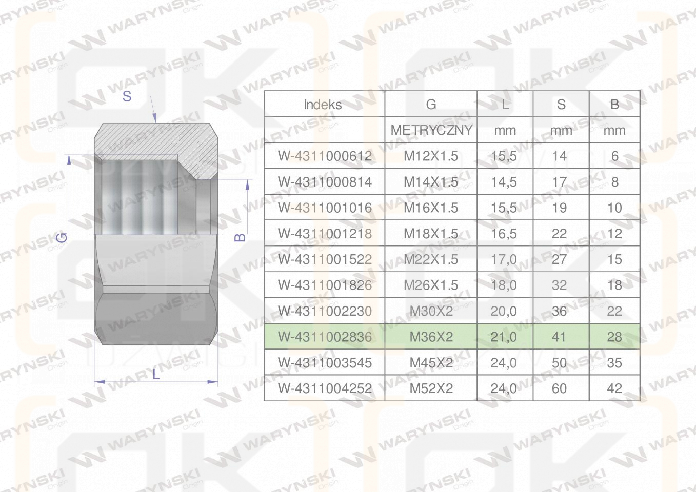 Nakrętka hydrauliczna metryczna (M28L) M36x2 28L Waryński ( sprzedawane po 5 )