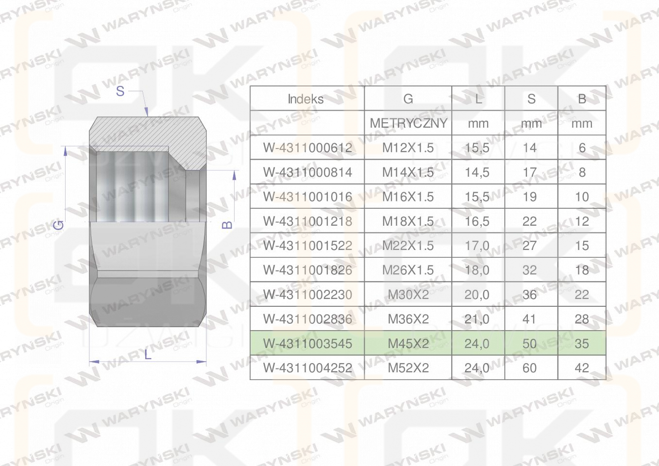 Nakrętka hydrauliczna metryczna (M35L) M45x2 35L Waryński ( sprzedawane po 2 )