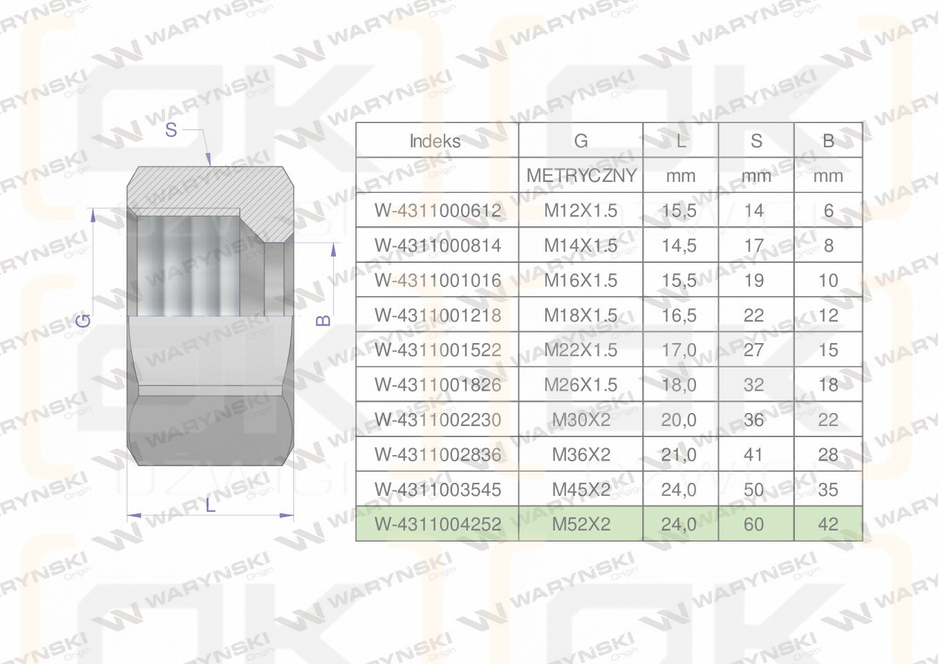 Nakrętka hydrauliczna metryczna (M42L) M52x2 42L Waryński ( sprzedawane po 2 )