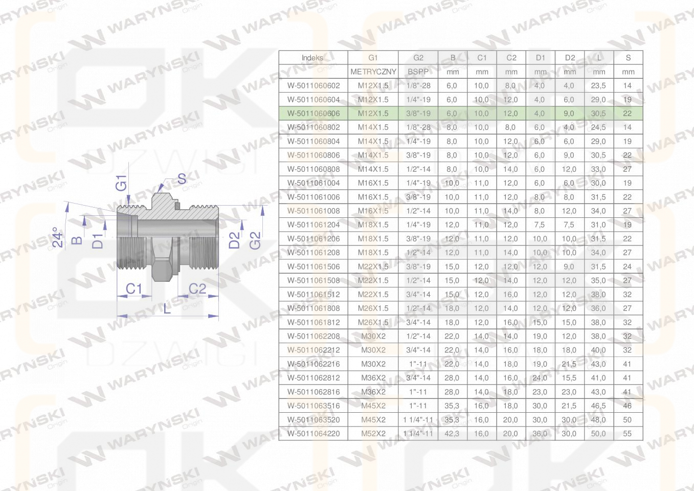 Przyłączka hydrauliczna BB (XGE) M12x1.5 06L x 3/8