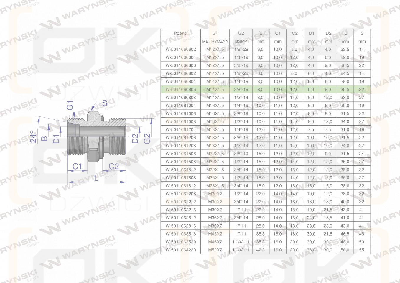 Przyłączka hydrauliczna BB (XGE) M14x1.5 08L x 3/8