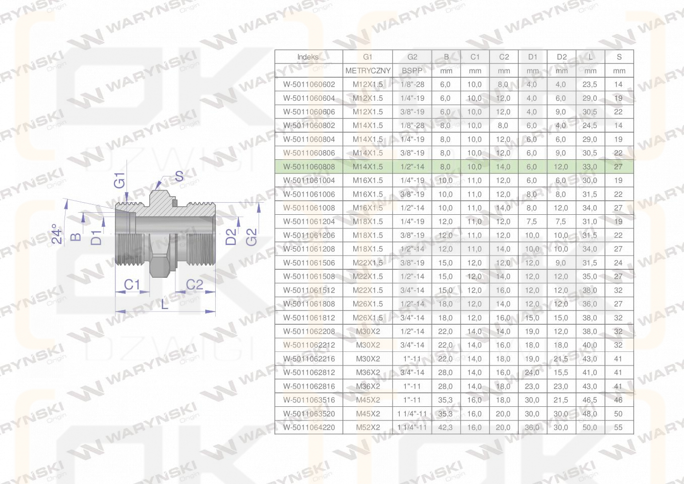 Przyłączka hydrauliczna BB (XGE) M14x1.5 08L x 1/2