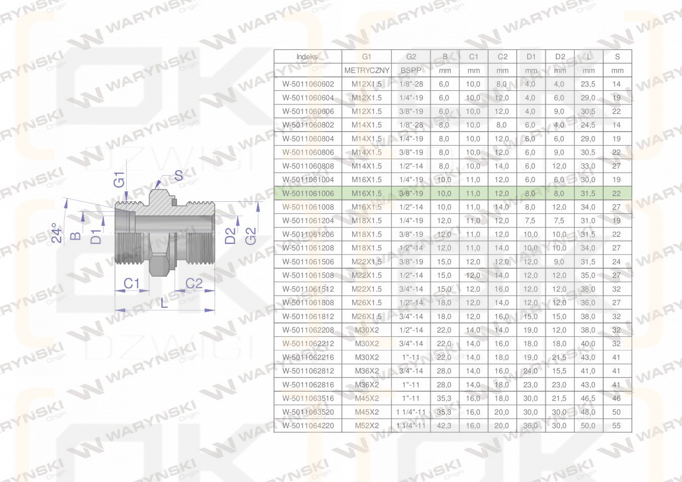 Przyłączka hydrauliczna BB (XGE) M16x1.5 10L x 3/8