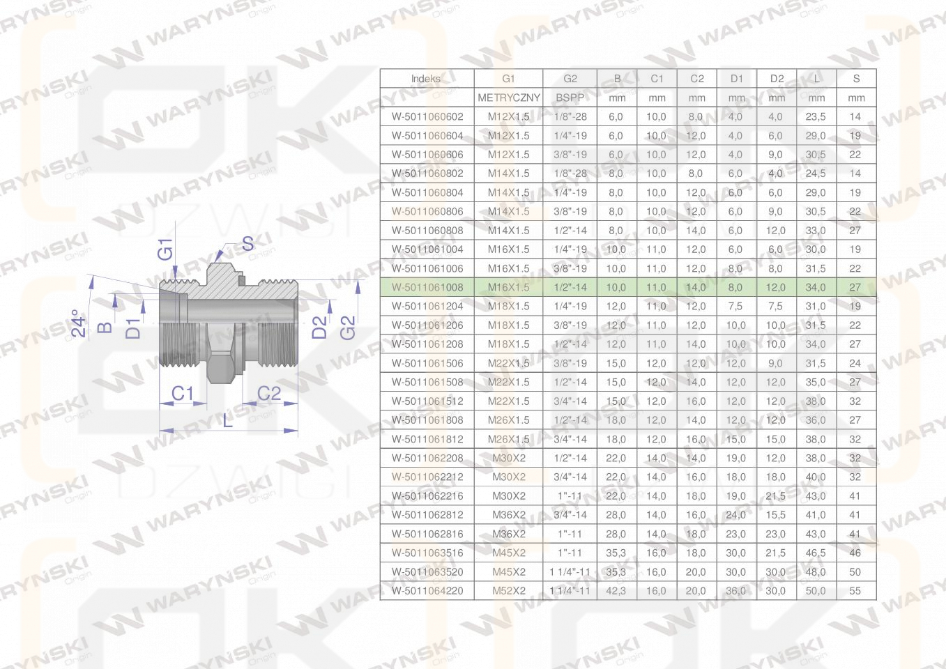 Przyłączka hydrauliczna BB (XGE) M16x1.5 10L x 1/2