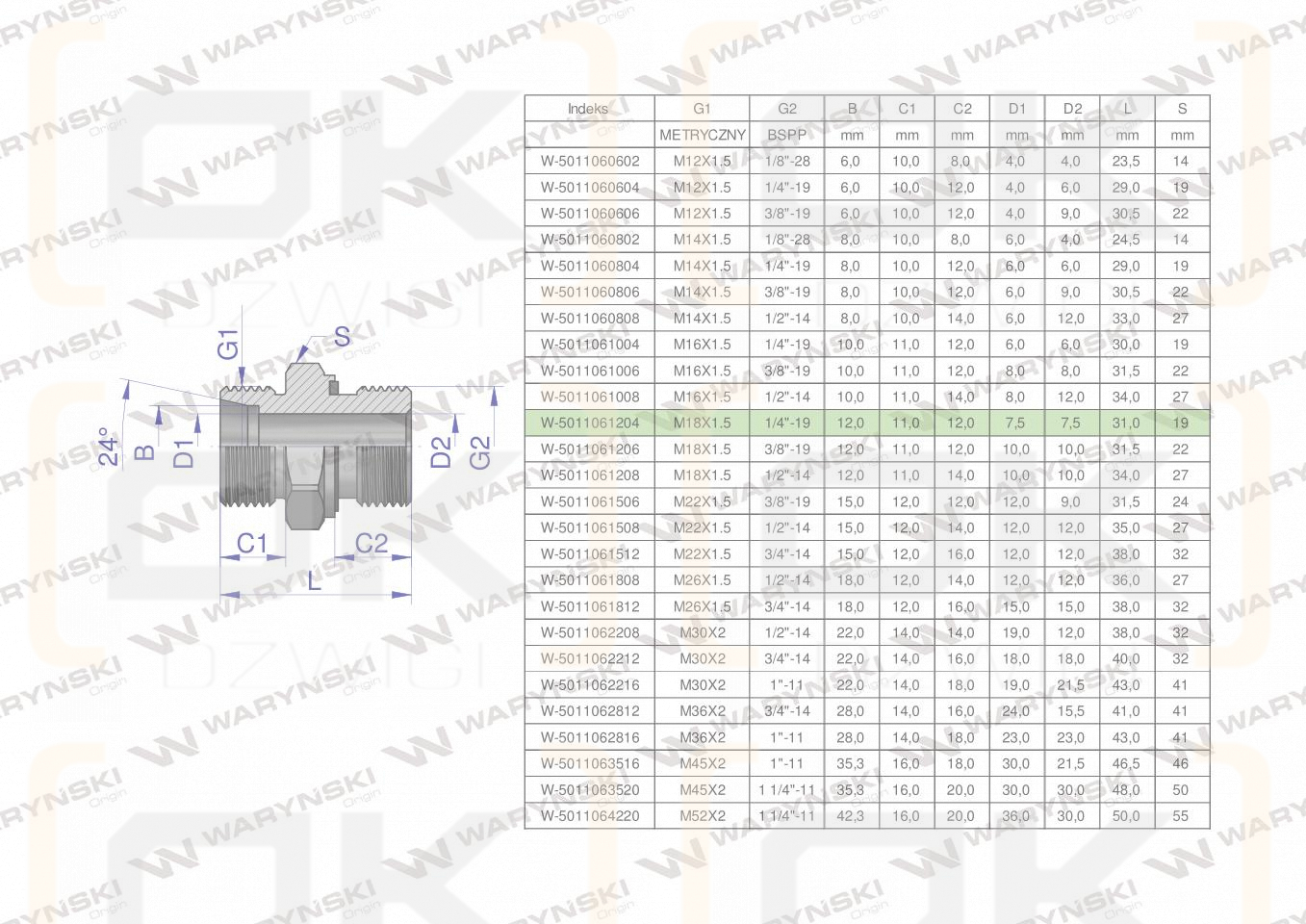 Przyłączka hydrauliczna BB (XGE) M18x1.5 12L x 1/4