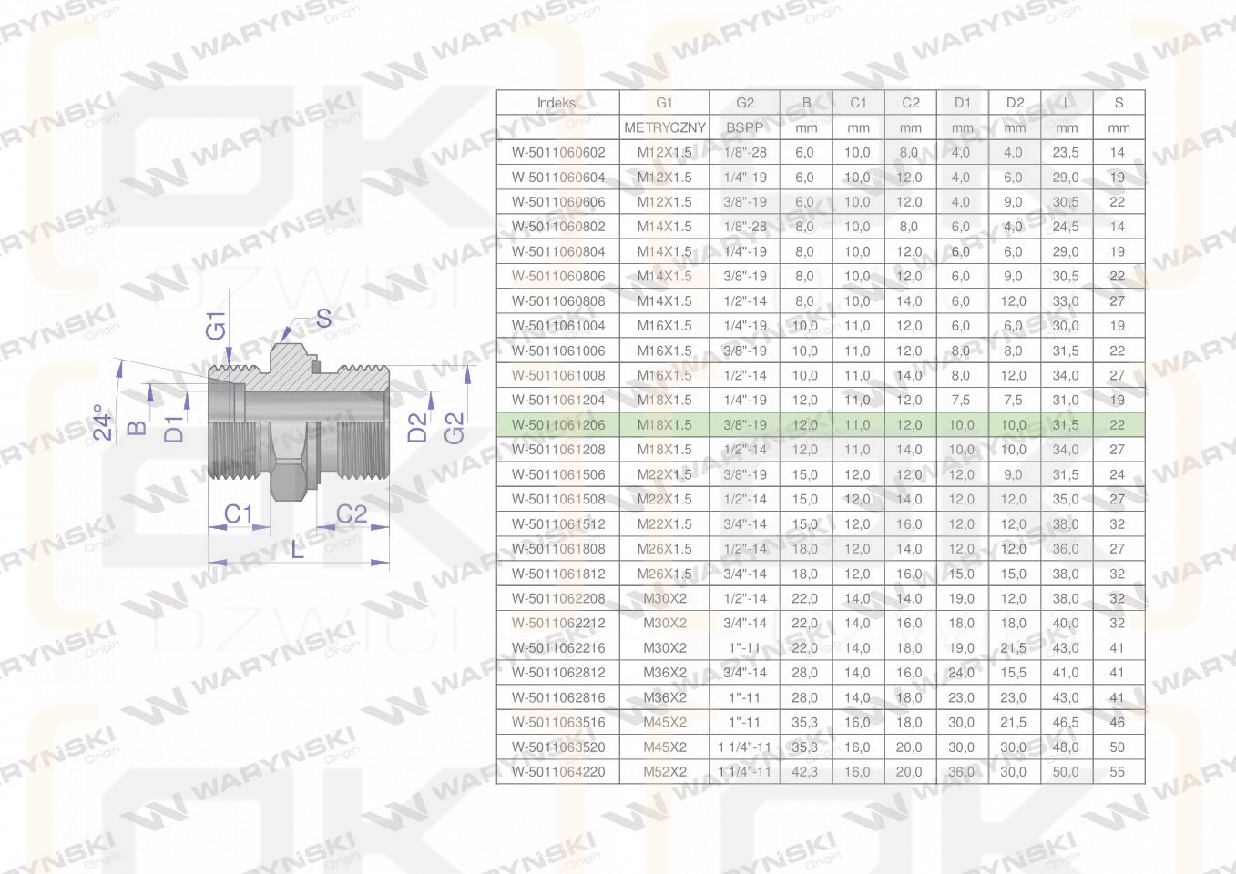 Przyłączka hydrauliczna BB (XGE) M18x1.5 12L x 3/8