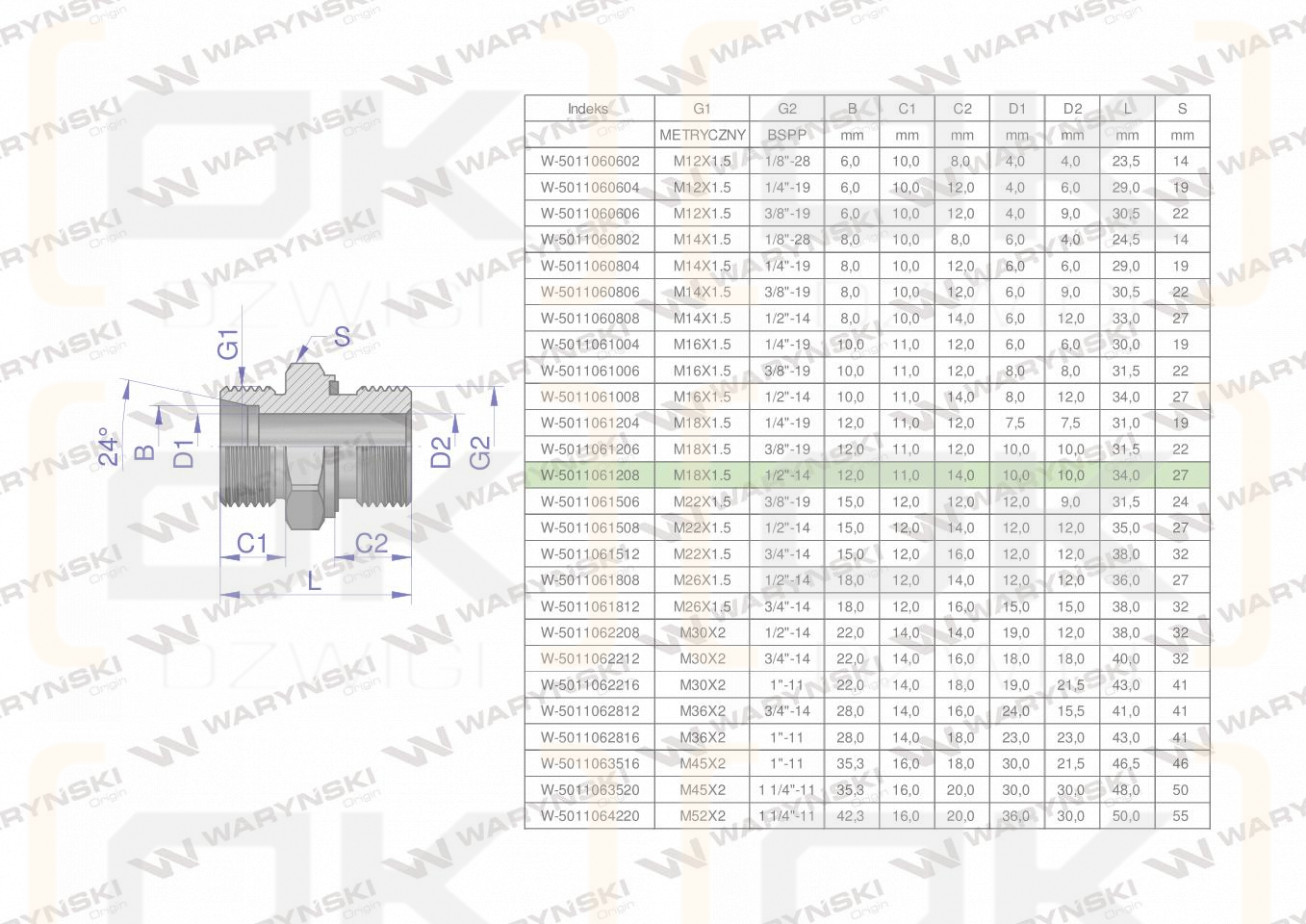 Przyłączka hydrauliczna BB (XGE) M18x1.5 12L x 1/2