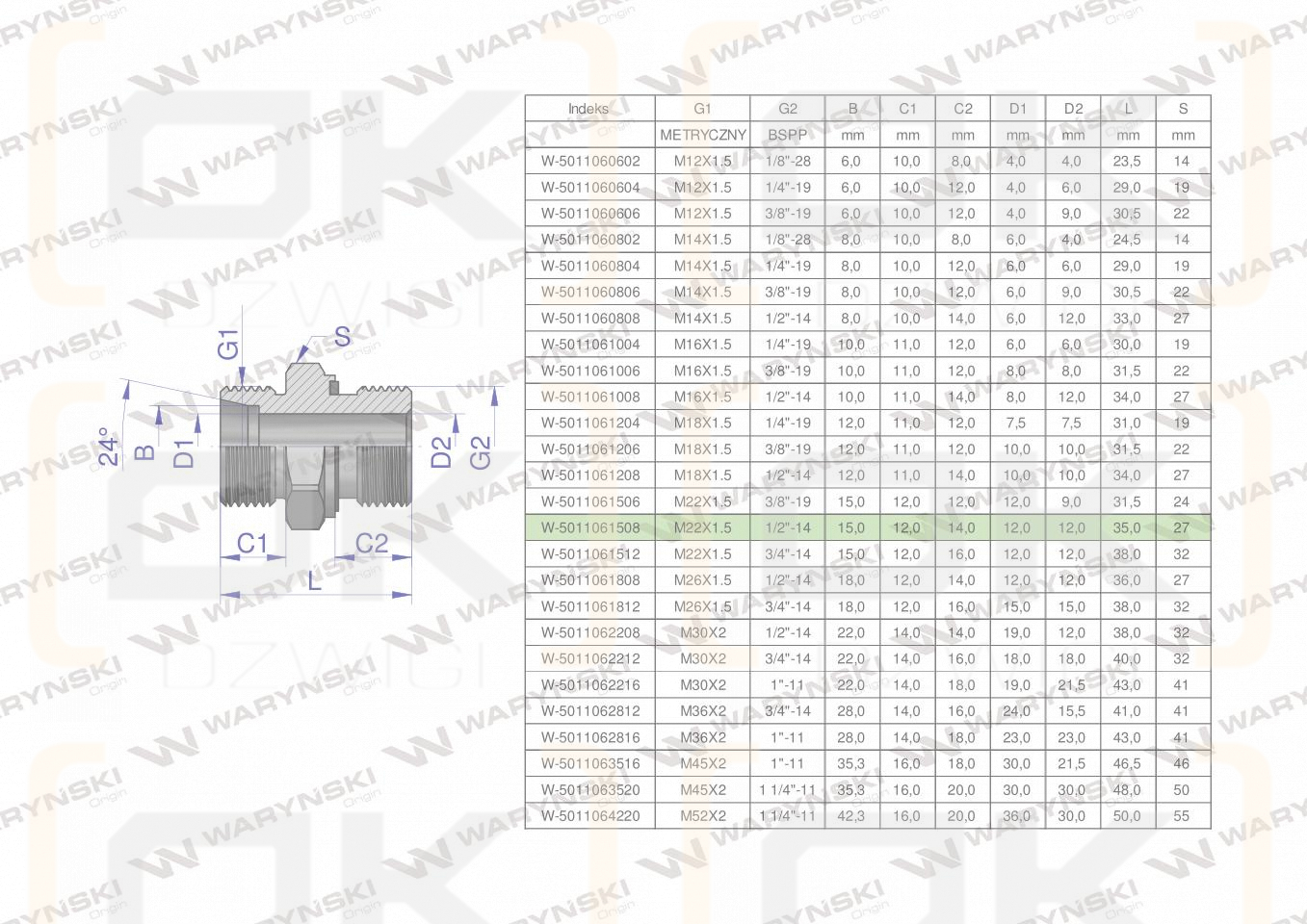 Przyłączka hydrauliczna BB (XGE) M22x1.5 15L x 1/2