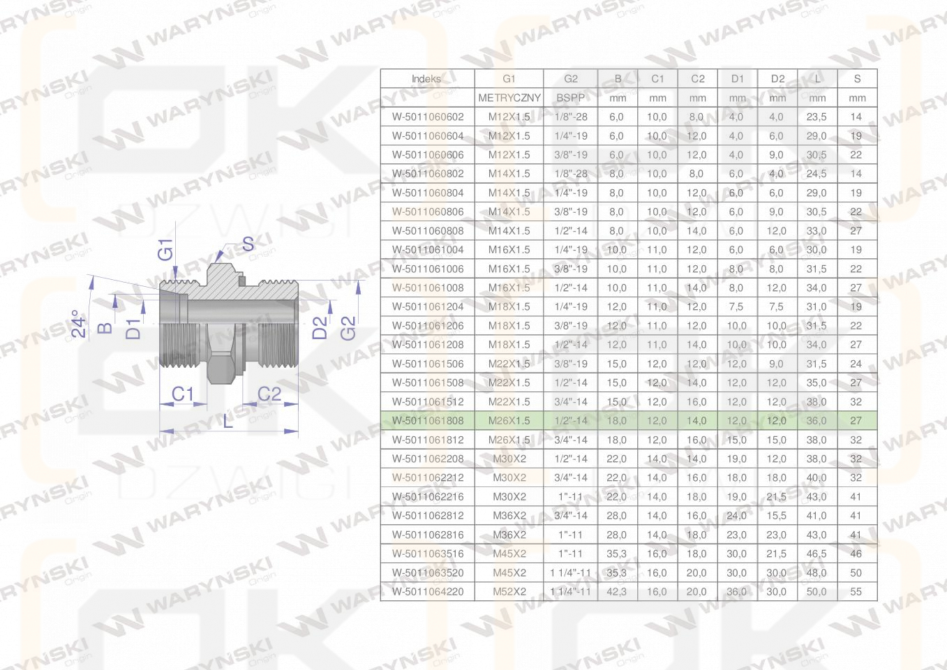 Przyłączka hydrauliczna BB (XGE) M26x1.5 18L x 1/2