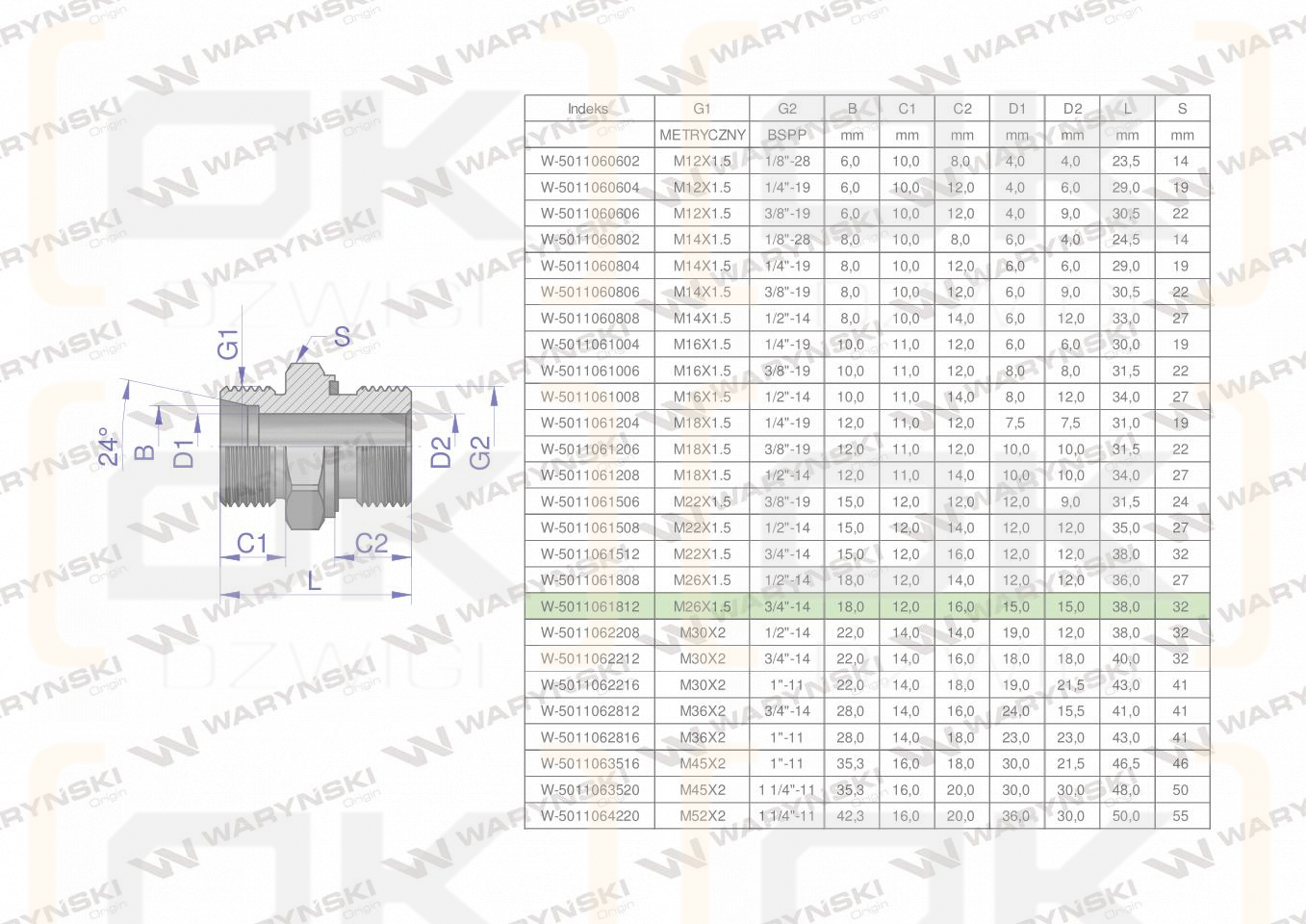 Przyłączka hydrauliczna BB (XGE) M26x1.5 18L x 3/4
