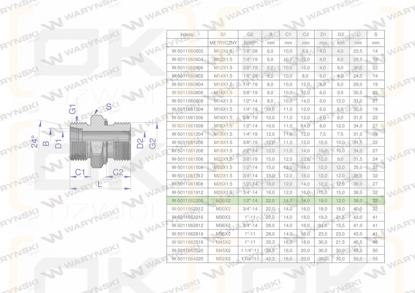 Przyłączka hydrauliczna BB (XGE) M30x2 22L x 1/2