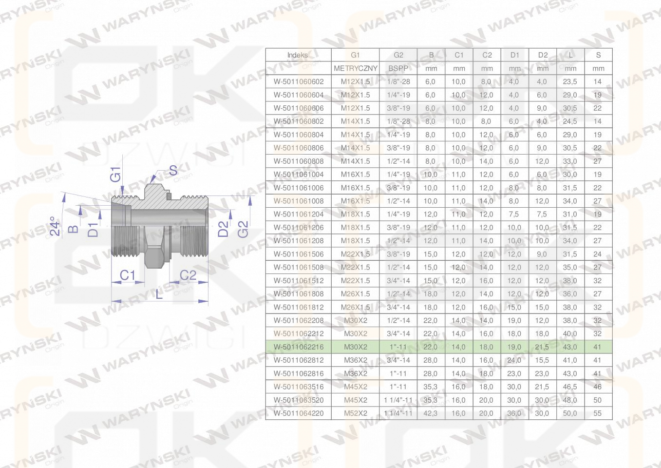 Przyłączka hydrauliczna BB (XGE) M30x2 22L x 1