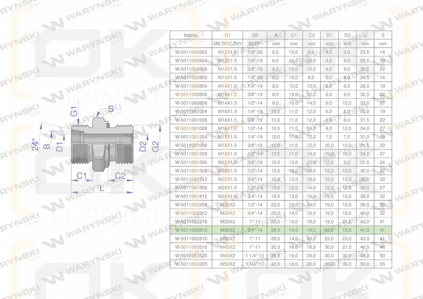 Przyłączka hydrauliczna BB (XGE) M36x2 28L2 28L x 3/4