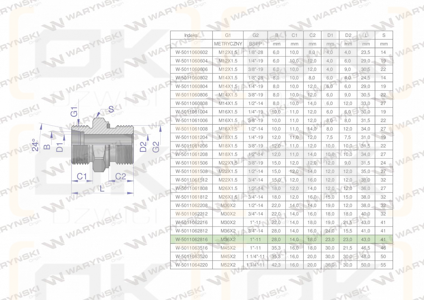 Przyłączka hydrauliczna BB (XGE) M36x2 28L2 28L x 1