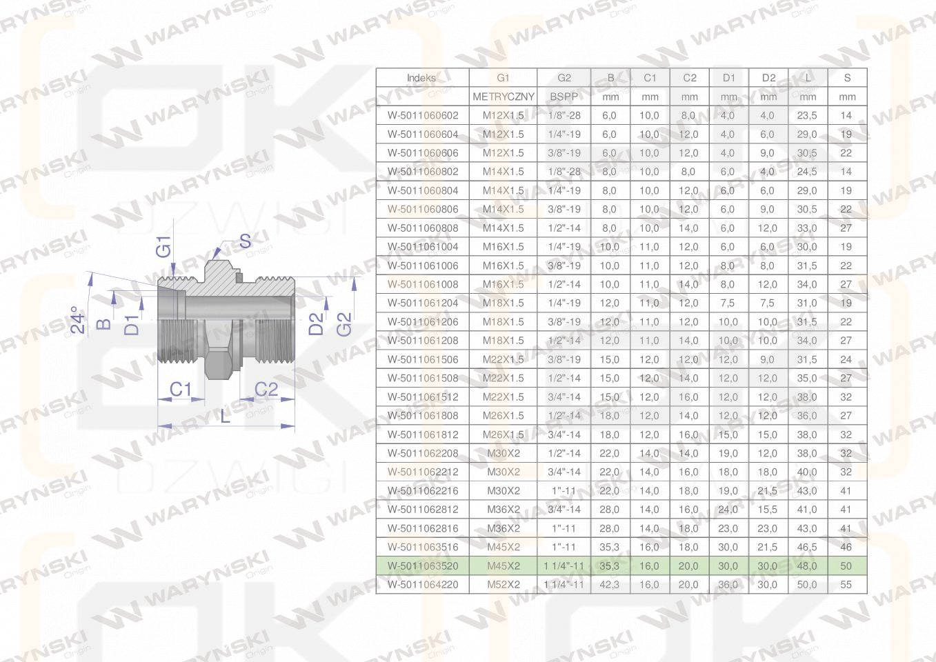 Przyłączka hydrauliczna BB (XGE) M45x2 35L x 1 1/4