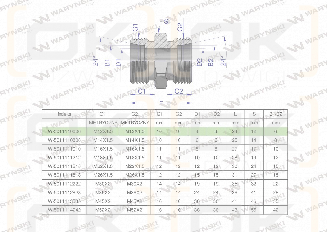 Złączka hydrauliczna metryczna BB M12x1.5 06L (XG) Waryński ( sprzedawane po 10 )